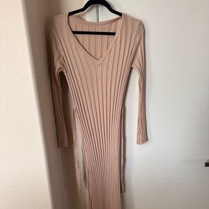 Long Sleeve Ribbed Knit Dress - Cream